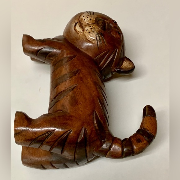 Vintage Mid Century Antique Solid Hand Carved Baby Tiger Cat Figurine Sculpture - Picture 14 of 16